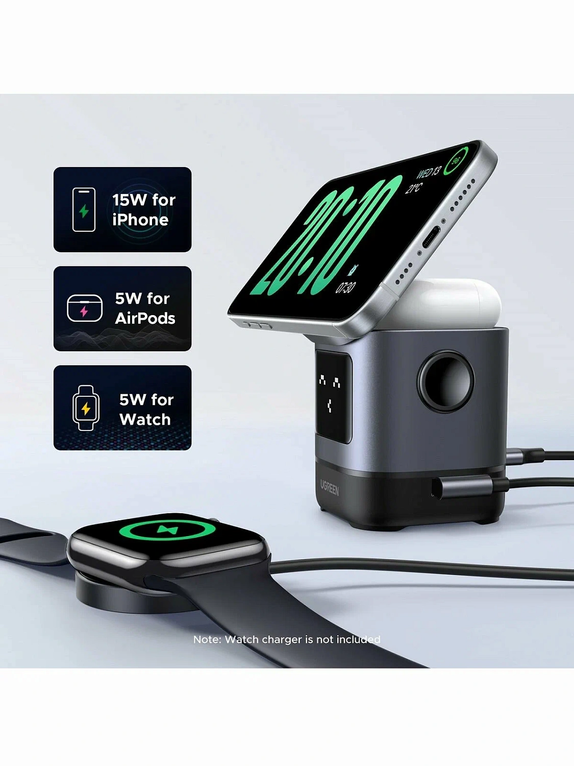 45775 Беспроводное зарядное устройство UGREEN W709 20W с кабелем USB-C-USB-C 1м. Цвет: серый